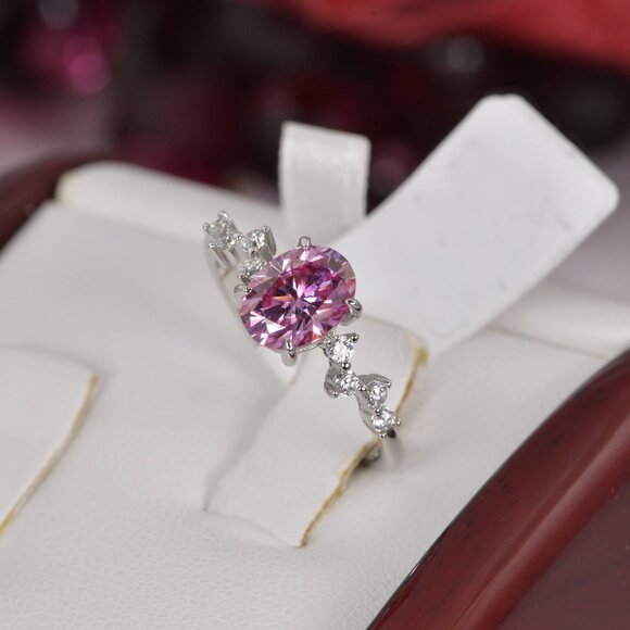 Certified 1.5 ct Pink Oval Cut Moissanite Engagement Ring 925 Sterling - Picture 5 of 8